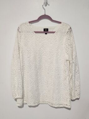 JM Collection XL Ivory Floral Lace 3/4 Sleeve Lined Blouse Top